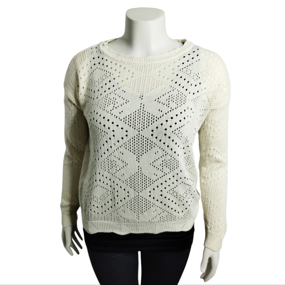 CYRUS Creme Ivory Crochet Eyelet Feminine Delicate Sweater Cottagecore, Romantic